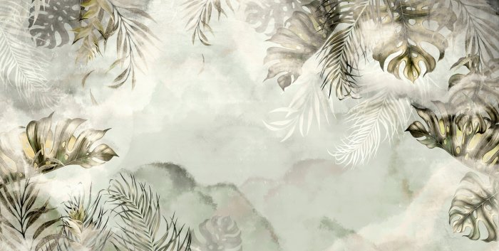 Fototapete Aquarellmotiv tropischer Blätter auf grünem Hintergrund