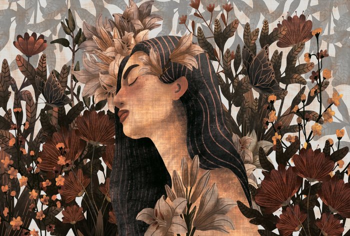 Fototapete Sinnliche Frau umgeben von Blumen