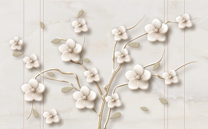 Fototapete 3D-Baum mit weißen Blüten vor Marmohintergrund