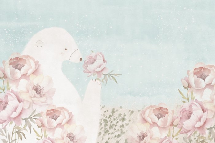 Fototapete Teddybär und rosa Blumen auf blauem Aquarellhintergrund
