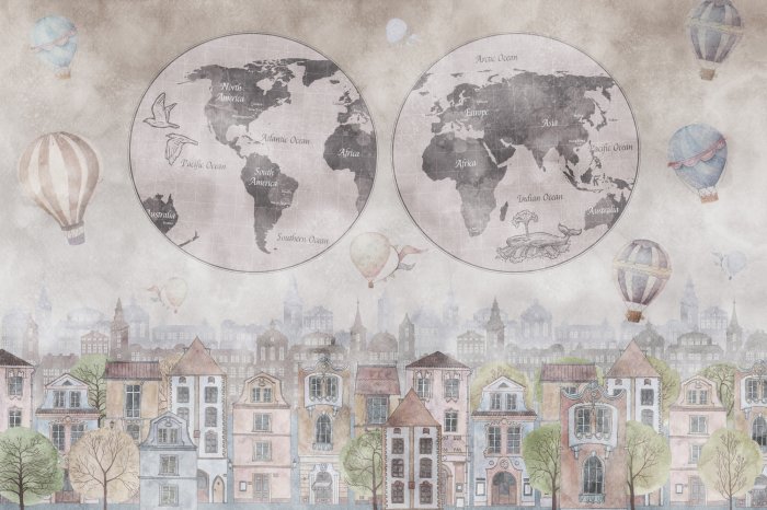 Fototapete Weltkarte und bunte Ballons über einer Aquarellstadt