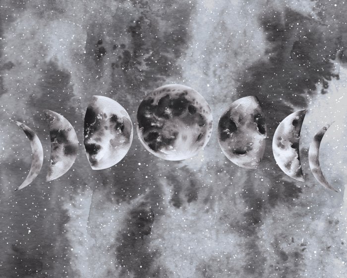 Fototapete Mondphasen vor einem Aquarellhimmel