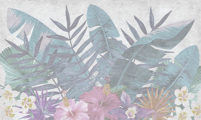 Fototapete Blumen und Blätter in zarten Farben auf strukturiertem Hintergrund