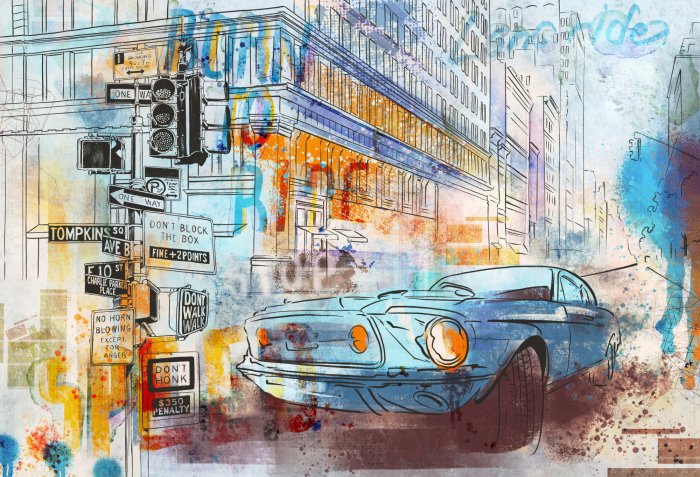 Fototapete Auto in der Stadt Aquarellmalerei Jugendillustration