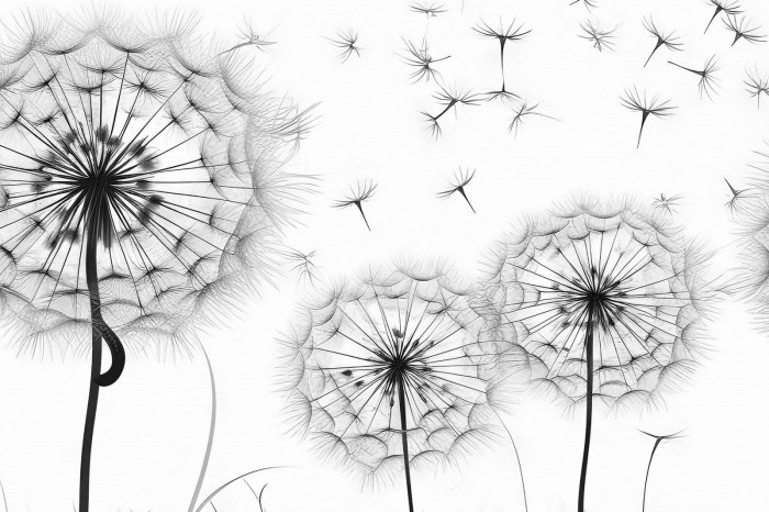 Fototapete Löwenzahn schwarz weiß modernes botanisches Muster