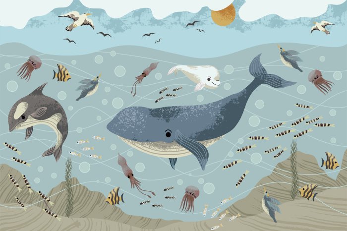 Fototapete Märchenhafte Unterwasserwelt mit bunten Fischen Kinder Grafik