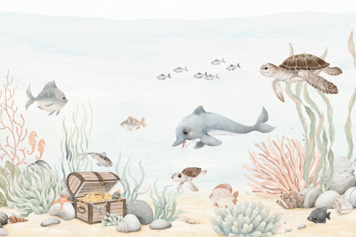 Fototapete Aquarell-Unterwasserwelt mit Fischen und Piratenschatz