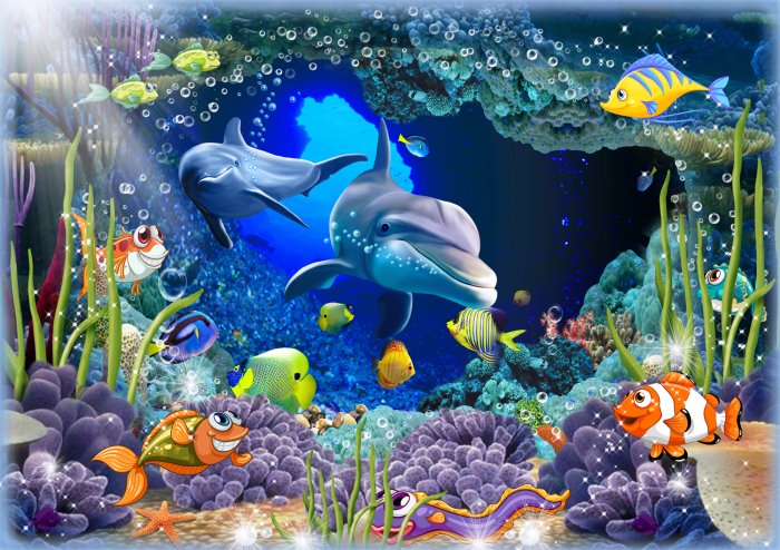 Fototapete Delfine und Fische in Unterwasserlandschaft Illustration