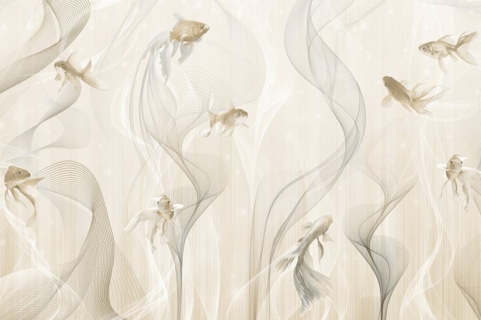 Fototapete Modernes Muster Fische und Linien auf beigem Hintergrund im minimalistischen Stil