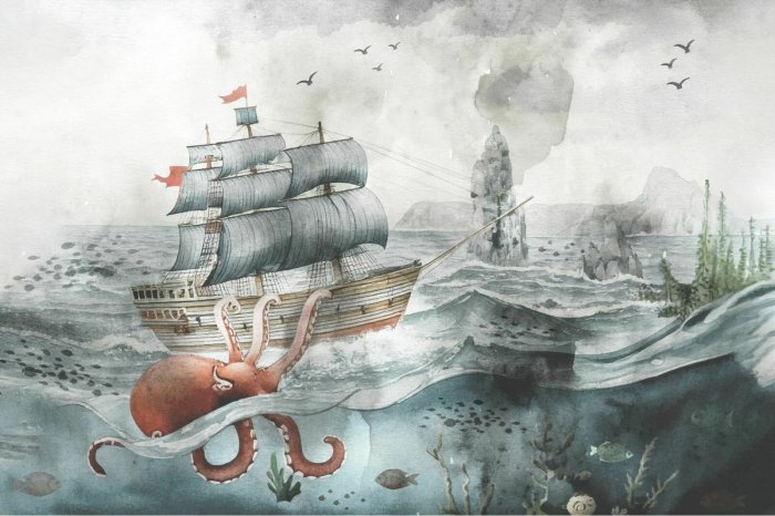 Fototapete Unterwasserwelt mit Oktopus Schiff und Fischen märchenhaftes Muster