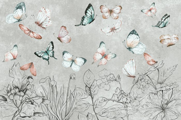 Fototapete Botanisches Muster mit Schmetterlingen Motten und Pflanzen auf grauem Hintergrund