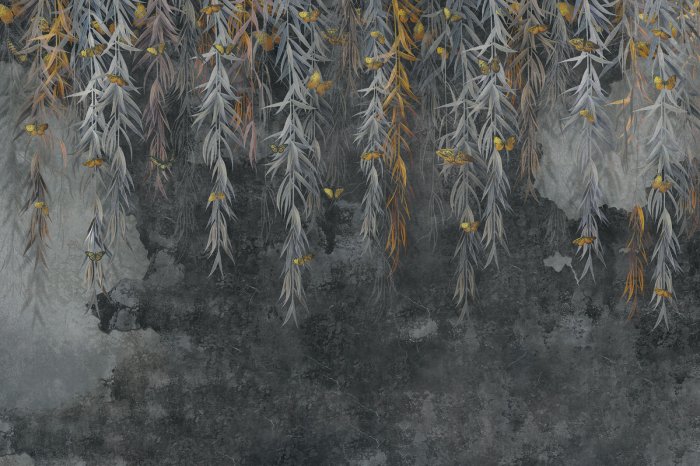 Fototapete Schmetterlinge und hängende Ranken auf rohem Beton Hintergrund modernes Muster