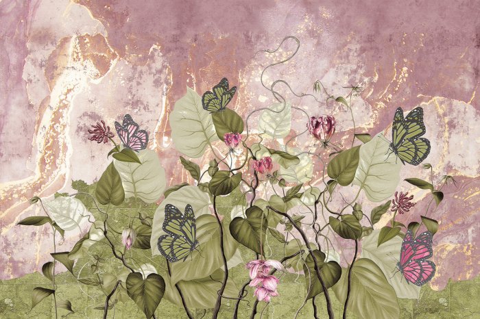 Fototapete Blumen Blätter und Schmetterlinge auf Betonhintergrund naturinspiriertes Muster