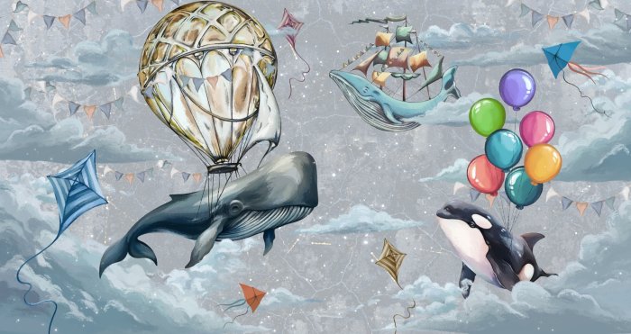 Fototapete Fische Ballons und Drachen zwischen Wolken auf Himmelshintergrund Aquarellmuster für Kinder