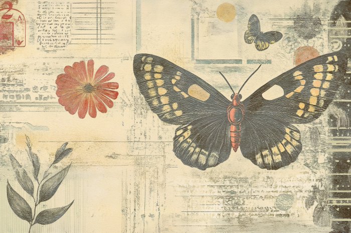 Fototapete Schmetterlinge Blumen und Blätter botanisches Muster im Retro Vintage Stil