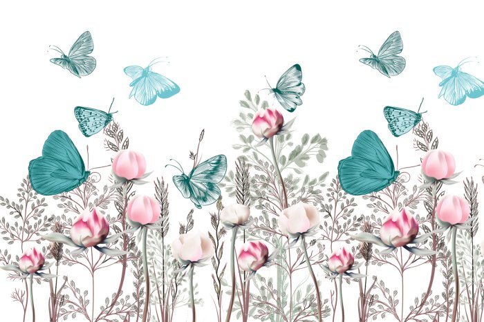 Fototapete Blaue und grüne Schmetterlinge über einer blumenwiese 3D Blumen auf weißem Hintergrund