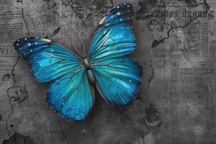Fototapete Blauer Schmetterling mit 3D-Effekt auf Betonhintergrund mit deutlicher Struktur