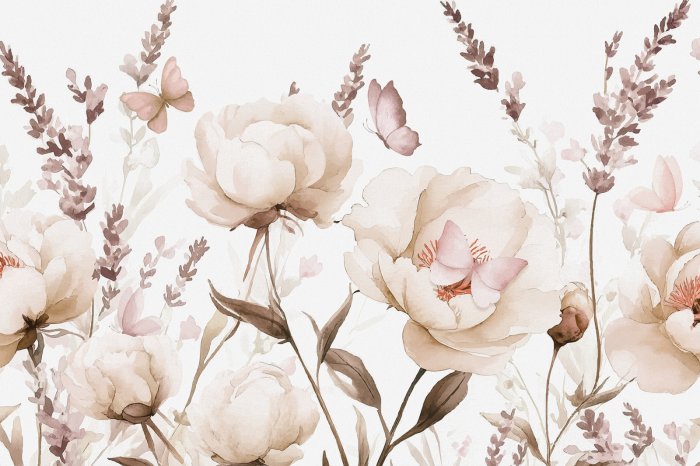 Fototapete Blühende Wiese mit Schmetterlingen im Aquarellstil, zartes Blumenmuster