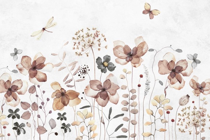 Fototapete Schmetterlinge und Libellen im Aquarell-Wildblumenmotiv auf hellem Hintergrund