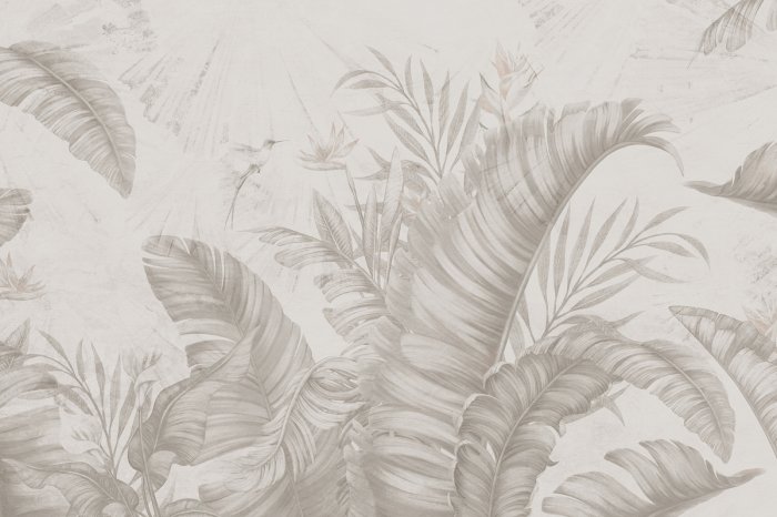 Fototapete Exotische Pflanzen, Strelitzien und Bananenblätter auf texturiertem Hintergrund in gedeckten Farben