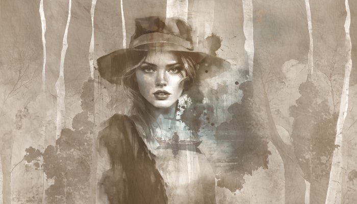 Fototapete Aquarellporträt einer Frau mit Hut und Bäumen im Hintergrund