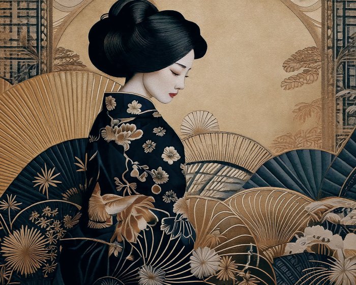 Fototapete Junge Geisha im Kimono, Muster im japanischen Stil