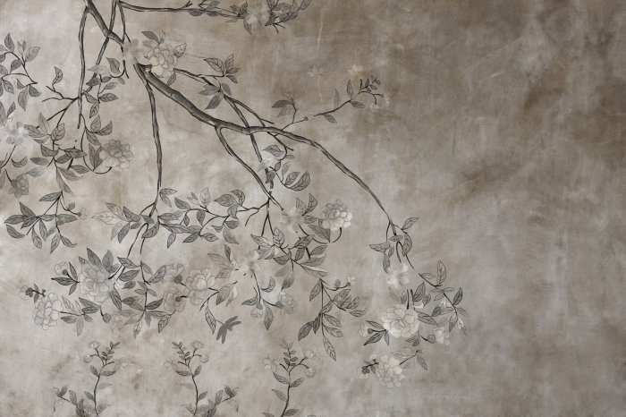 Fototapete Baumzweige mit Blättern auf Betongrund