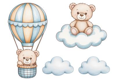 Sticker Teddybären Ballon und hellblaue Wolken
