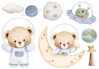 Sticker Teddybären Sternchen und Planeten im Weltraum