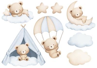 Sticker Teddybären Wolken und Sternchen im Aquarellstil