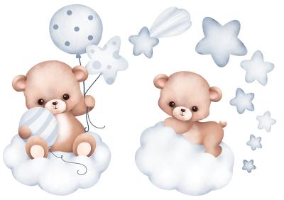 Sticker Teddybären mit Ballons auf Wolken zwischen Sternen