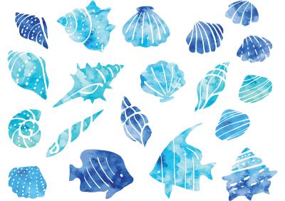 Sticker Blaue Muscheln und Fische im Aquarellstil