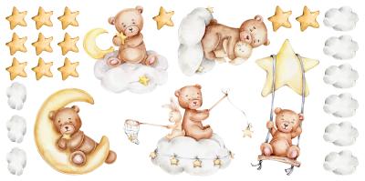 Sticker Teddybären Hasen Wolken und Sternchen Aquarellkomposition für Kinder