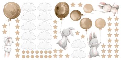 Sticker Kaninchen mit Ballons zwischen Wolken