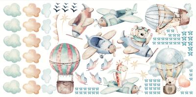 Sticker Niedliche Tiere in Flugzeugen und Ballons Aquarellmuster für Kinder
