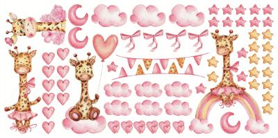 Sticker Giraffen rosa Herzen Wolken und Sternchen