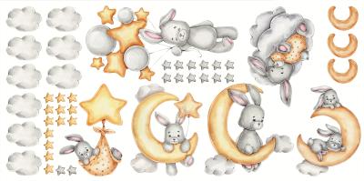 Sticker Kaninchen Sterne Ballons zwischen Wolken und Monden