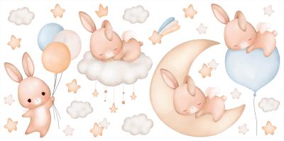 Sticker Schlafende Kaninchen Wolken Sterne und Ballons