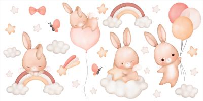 Sticker Kaninchen mit Ballons Wolken und Regenbogen
