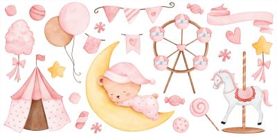 Sticker Aquarellkomposition eines Vergnügungsparks mit einem Bären auf dem Mond