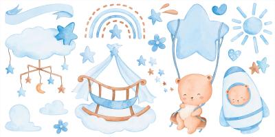 Sticker Bären vor dem Himmel mit blauen Wölkchen und Regenbogen