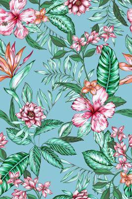 Sticker Tropische Blumen und Blätter auf hellblauem Hintergrund