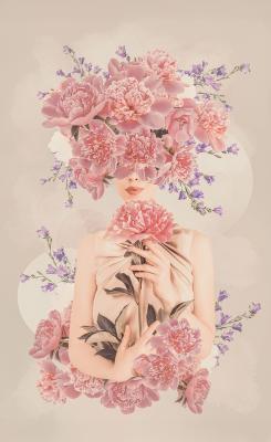 Sticker Porträt einer Frau mit Pfingstrosen