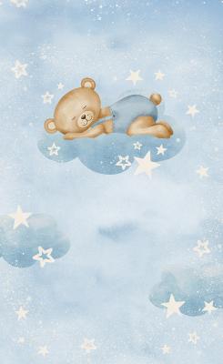 Sticker Bär in blauem Outfit schlafend auf einer Wolke zwischen Sternen