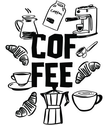 Sticker Schwarzer Schriftzug Kaffee zwischen Icons