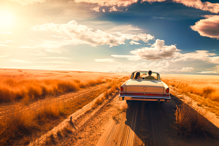 Bild Ein Oldtimer-Cabriolet auf einem Feldweg inmitten goldenen Grases.