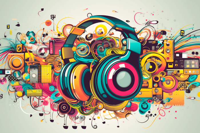 Bild Grafische Komposition mit Kopfhörern und musikalischen Motiven