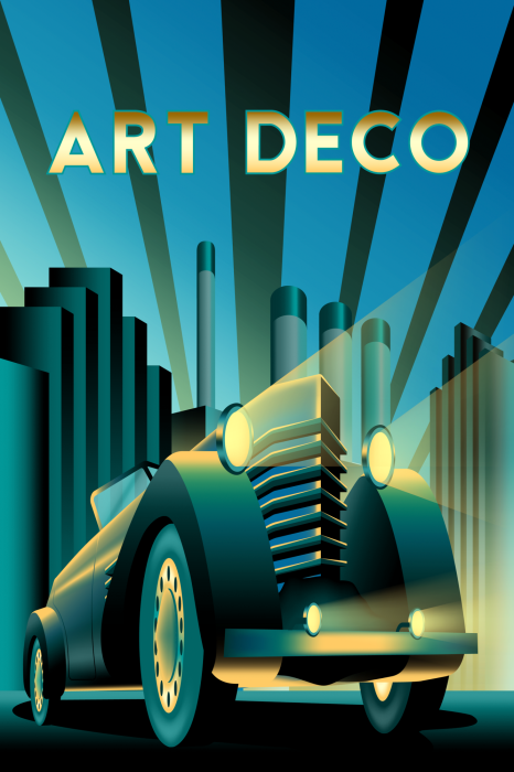 Bild Eine Grafik mit einem Oldtimer und dem Wort Art Deco