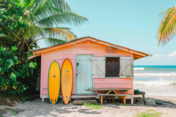 Bild Tropisches Ferienhaus mit Palmen und dem Meer im Hintergrund