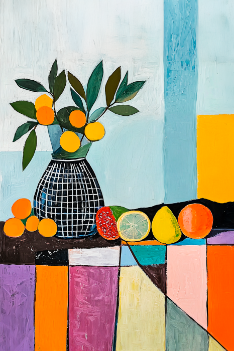 Bild Stillleben und Früchte vor farbenfrohem Hintergrund